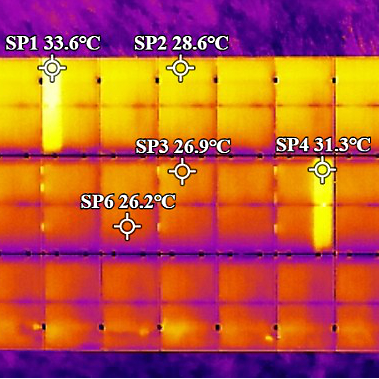 Das Bild zeigt ein Photovoltaik Freiflächenanlage im Wärmebild bei der Drohneninspektion. Auffällig sind hier 2 PV-Module die jeweils einen hellen vertikalen Streifen zeigen. Mit der dji Thermal Analysis Software lassen sich die einzelne Temperaturen (SP1 - SP6) im Wärmebild anzeigen. Die hellen Streifen sind PV-Modul Sub-Strings die ca. 4 - 5 °C wärmer als die Vergleichsmessung sind. Hier handelt es sich höchstwahrscheinlich Fehler an den Bypassdioden der PV-Module. Die hellen Modulflächen liefern keinen Strom.